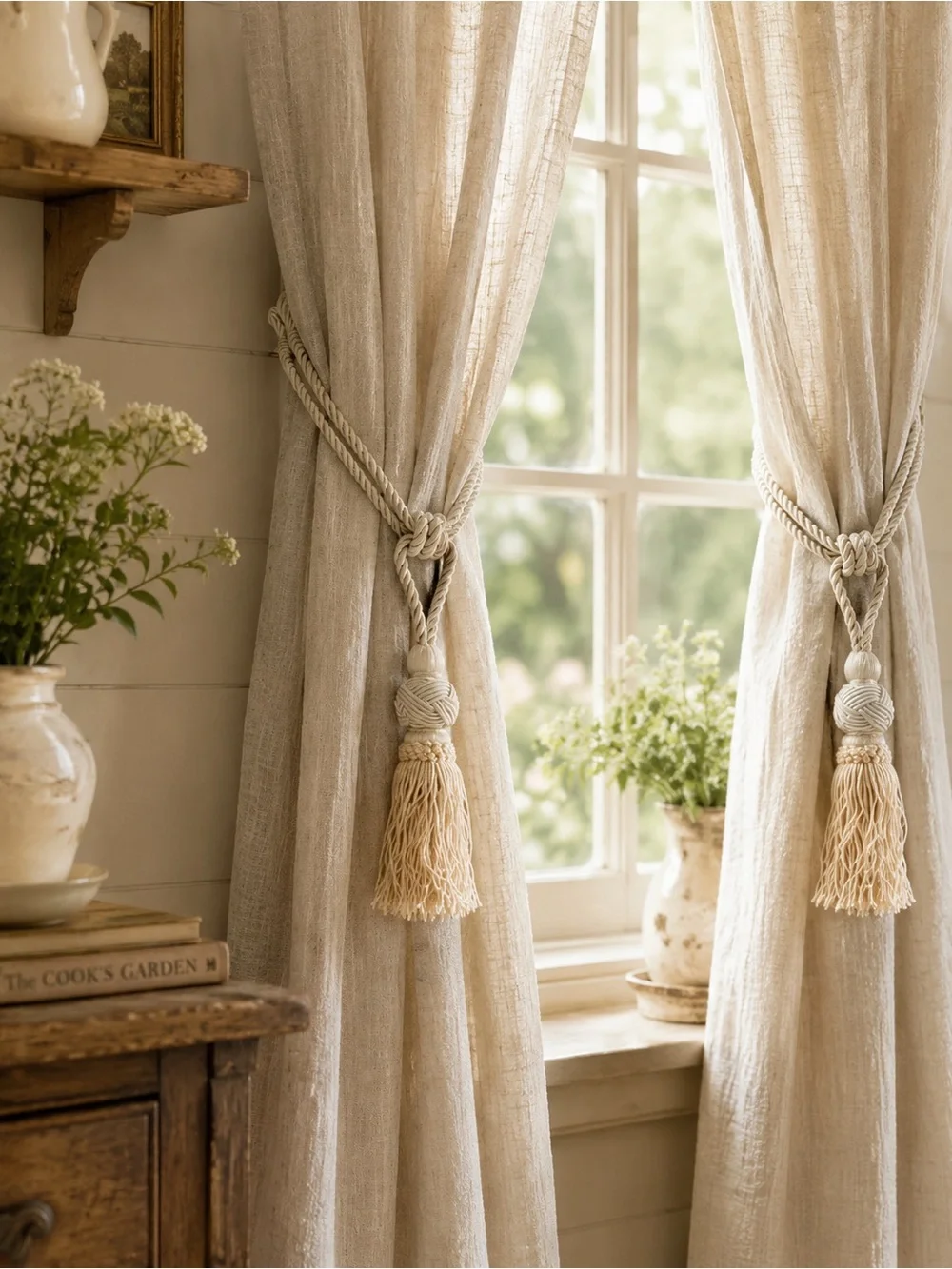 Neutral Linen-Look Curtain Tiebacks with Tassel Accent set of 4